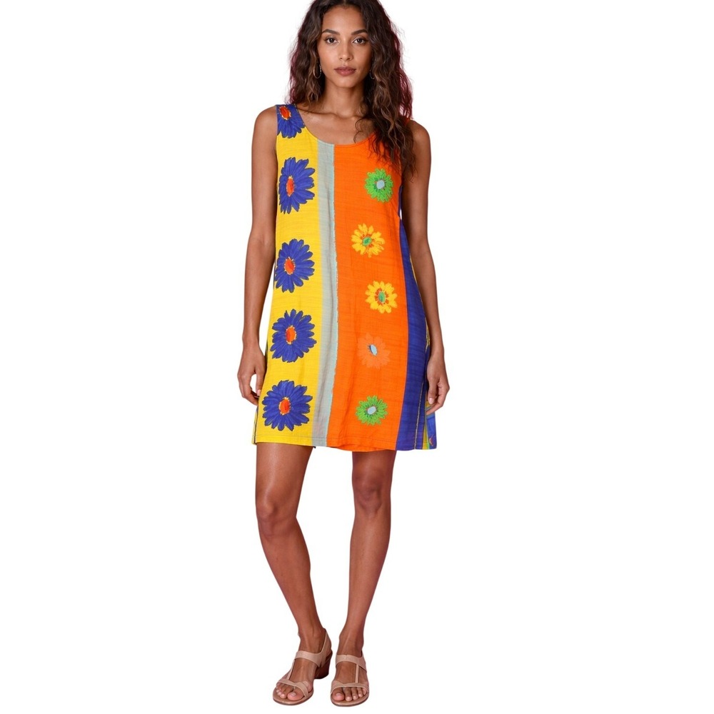 Vintage Jams World Daisy Du Floral Shift Dress XS Orange Yellow Blue Sleeveless